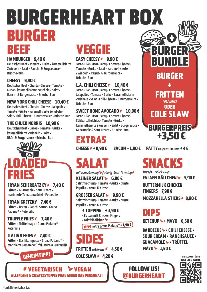 peisekarte der Burgerheart Box mit vielfältiger Auswahl: Beef Burger wie Hamburger und Cheesy, Veggie Burger wie Easy Cheesy und L.A. Chili Cheese, Loaded Fries Variationen, Salate, Snacks wie Falafelbällchen und Mozzarella Sticks, Dips und Sides. Inklusive Burger Bundle Angebot und Hinweisen auf vegetarische und vegane Optionen.