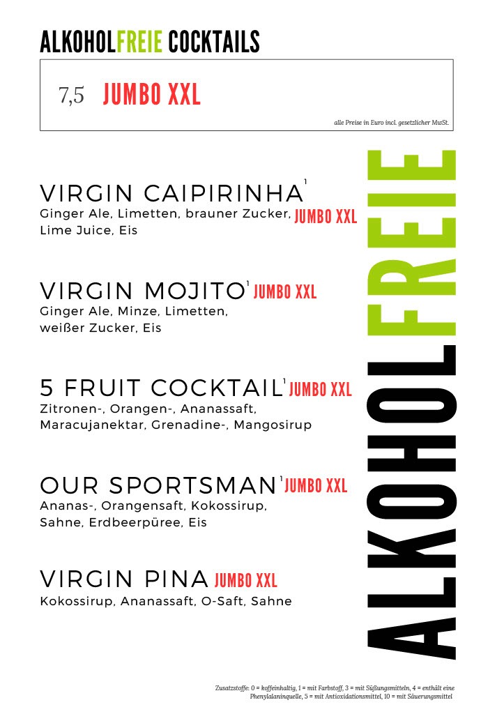 Alkoholfreie Cocktails wie Virgin Caipirinha und Virgin Mojito auf der Getränkekarte des Stadtstrand Würzburg – Jumbo XXL Optionen verfügbar.