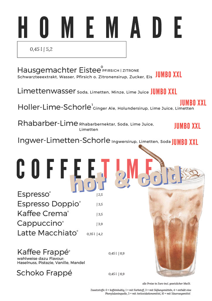 Hausgemachte Eistees und Limonaden sowie heiße und kalte Kaffeespezialitäten vom Stadtstrand Würzburg – Getränkekarte.