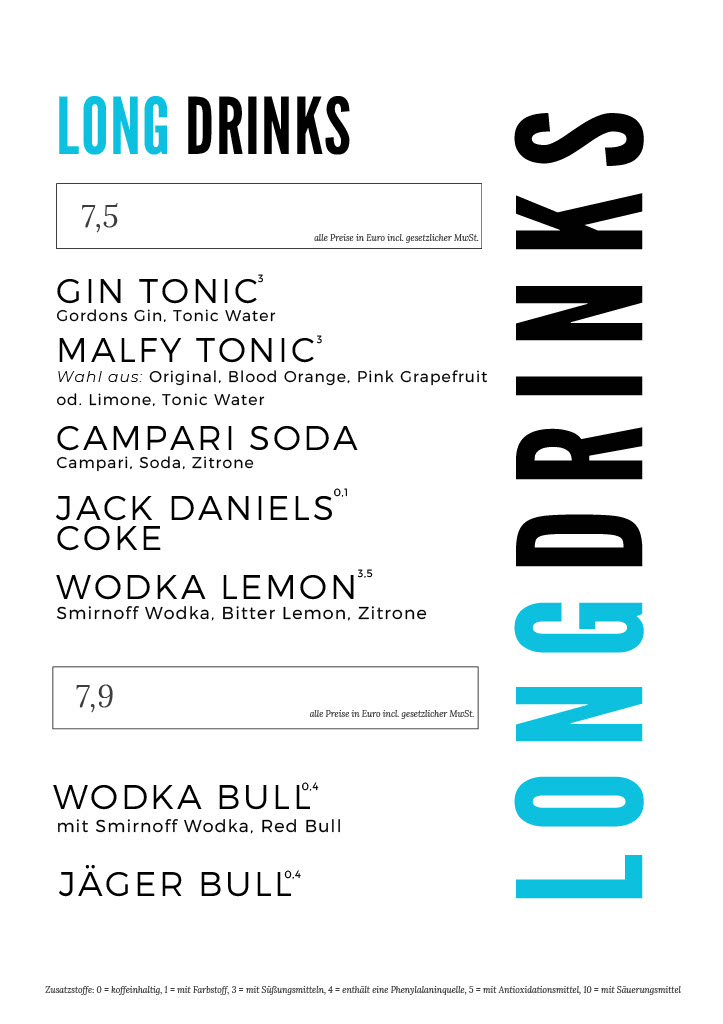 Longdrink-Auswahl mit Klassikern wie Gin Tonic und Wodka Lemon auf der Getränkekarte des Stadtstrand Würzburg.