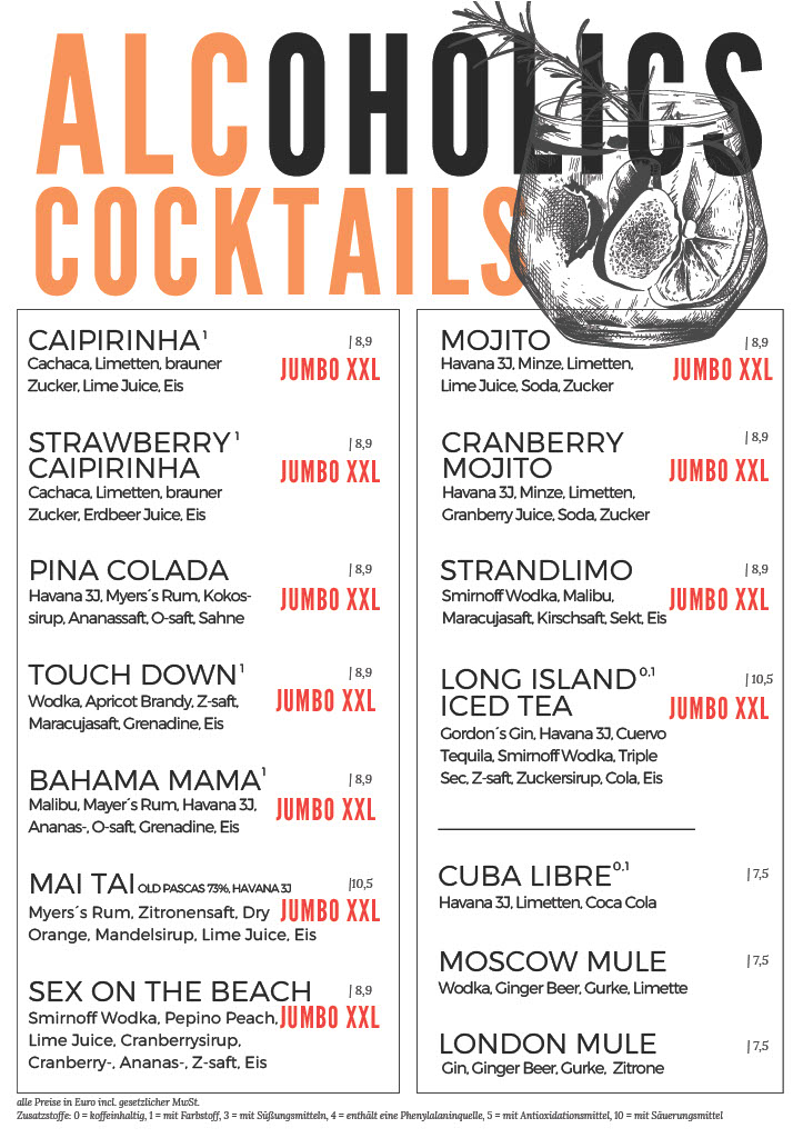 ielfältige alkoholische Cocktails wie Caipirinha, Mojito und Sex on the Beach – Jumbo XXL – Stadtstrand Würzburg Getränkekarte.