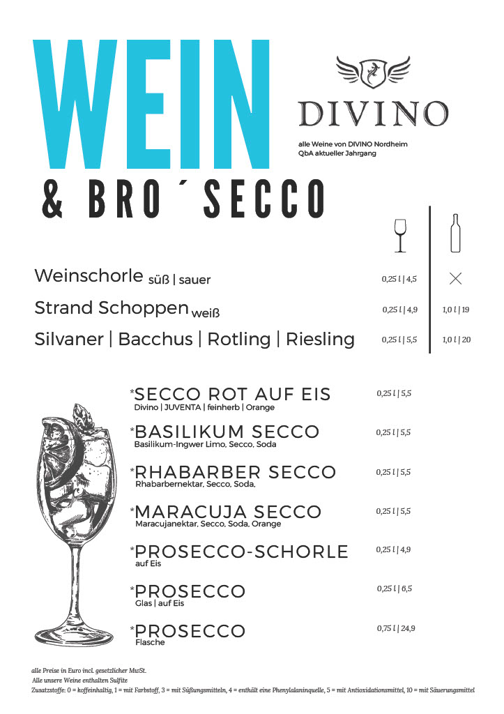 "Wein- und Secco-Angebot mit Frankenweinen von Divino und erfrischenden Secco-Variationen – Stadtstrand Würzburg Getränkekarte.