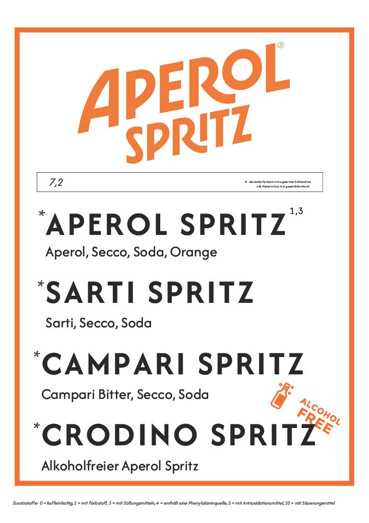 pritz-Spezialitäten wie Aperol Spritz, Sarti Spritz und Campari Spritz auf der Getränkekarte des Stadtstrand Würzburg.