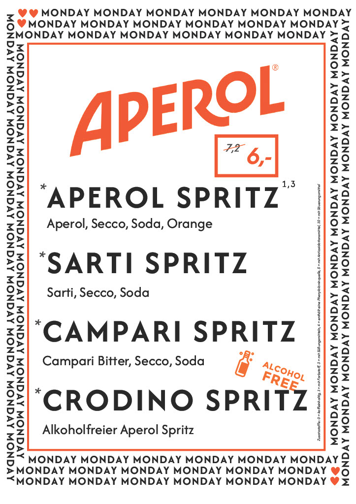 perol Spritz Angebot für 6 Euro und weitere Spritz-Getränke – Getränkekarte Stadtstrand Würzburg mit Montags-Special Design.