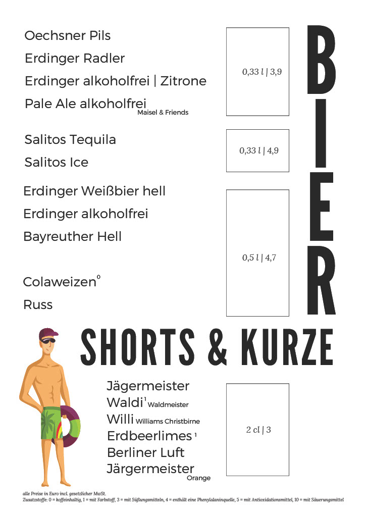 Bierauswahl mit Oechsner Pils und Erdinger sowie Shots und Kurze wie Jägermeister – Getränkekarte Stadtstrand Würzburg.