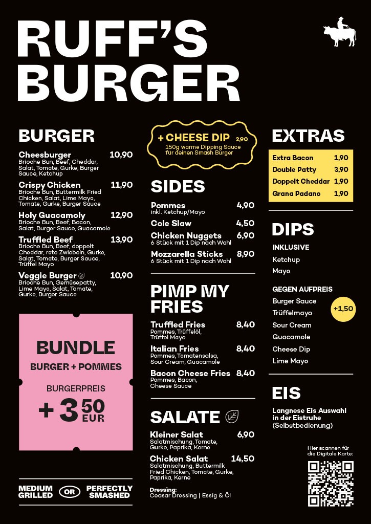 Speisekarte Ruff's Burger mit vielfältiger Auswahl. Hinweisen auf vegetarische und vegane Optionen.
